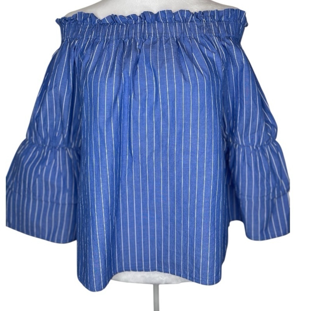 Capri Blue and White Striped off the Shoulder Top, Flutter Sleeves Summer Medium